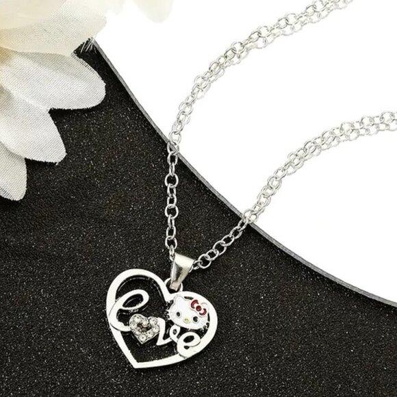 Sanrio Hello Kitty Love Heart Necklace Enamel Rhinestones Silver Goth Emo Scene - Picture 1 of 3